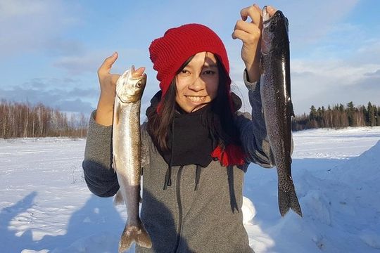 Fairbanks Ice Fishing Expedition in a Heated Cabin with Fish Cookout