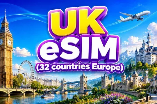 eSIM for UK (34 EU countries) | 3 to 30 days. Up to 40GB of data