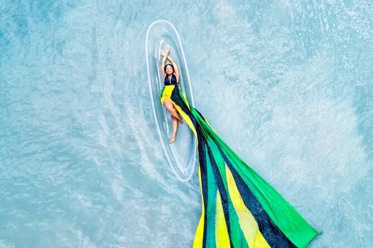 Flying Dress Clear Kayak/Boat Drone Photo Shoot in Montego Bay