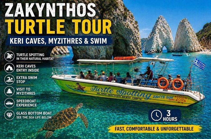 Zakynthos Speedboat Tour:Turtle Tour,Keri Caves&Myzithres swim