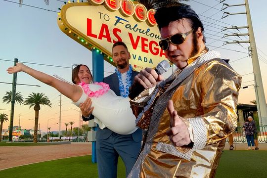 Gold Elvis Wedding or Vow Renewal at Las Vegas Sign