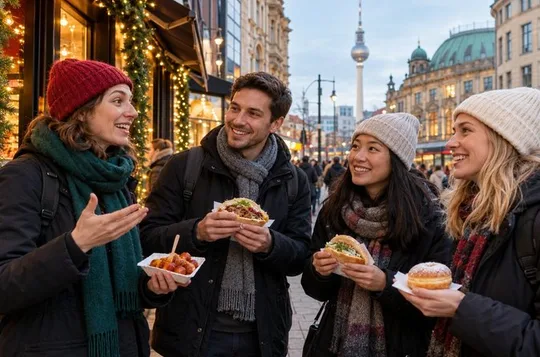 Passeio a pé para comer comida de rua durante o Natal em Mitte, Berlim.