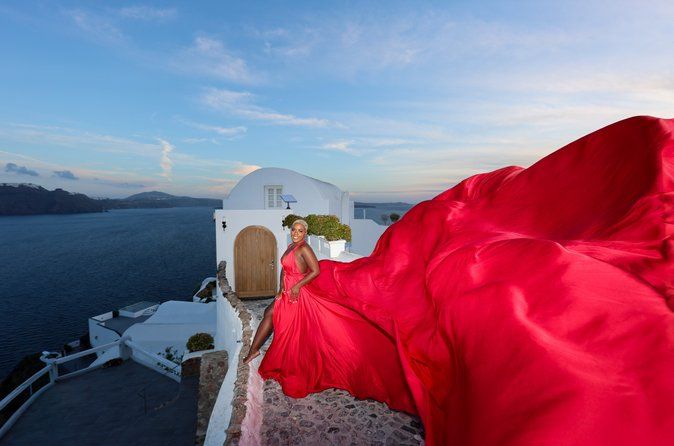 Flying Dress Photoshoot in Santorini, Blue Domes and Caldera View