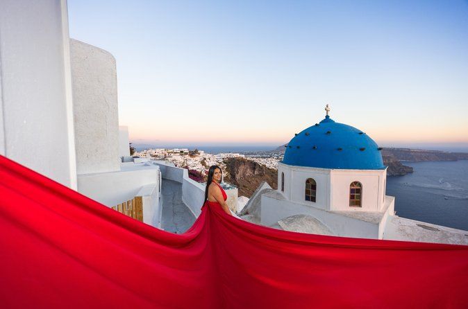 Flying Dress Photoshoot in Santorini, Blue Domes and Caldera View