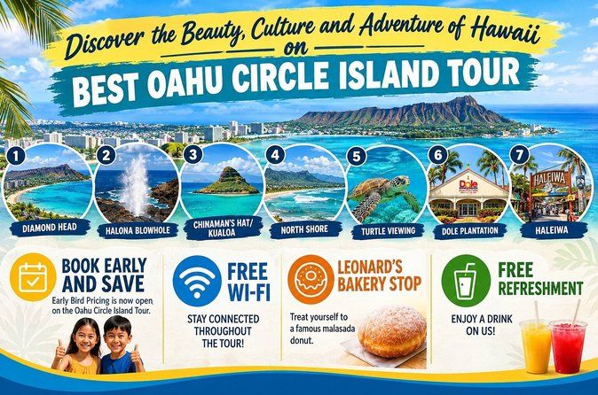 Circle Island Tour with Beach Stop, Leonard's Bakery & Free Wi-Fi