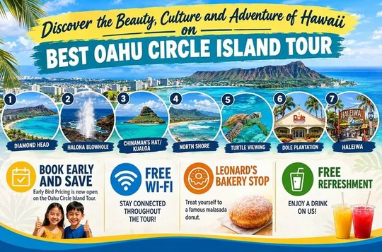 Circle Island Tour with Beach Stop, Leonard's Bakery & Free Wi-Fi