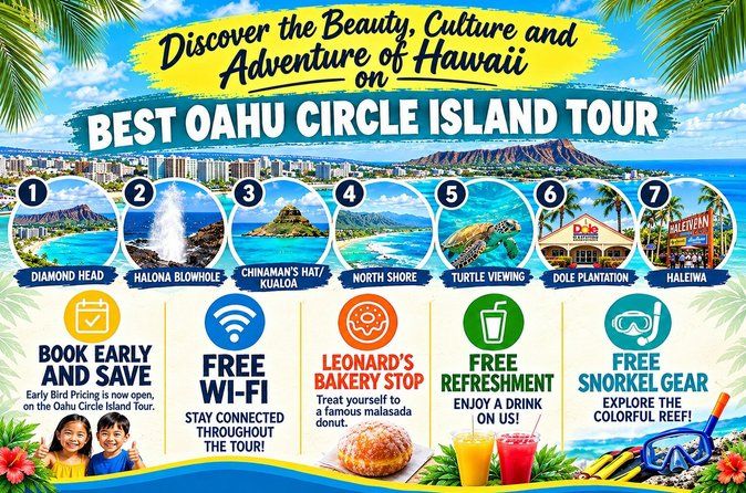 Circle Island Tour with Beach Stop, Leonard's Bakery & Free Wi-Fi