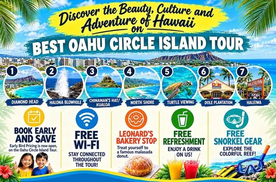Circle Island Tour with Beach Stop, Leonard's Bakery & Free Wi-Fi