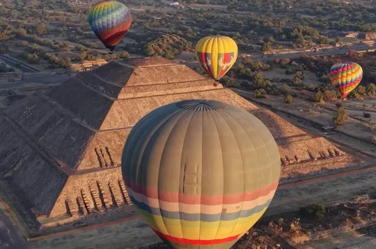 Balloon flight, Mexico City transport, Cave breakfast, Pyramids